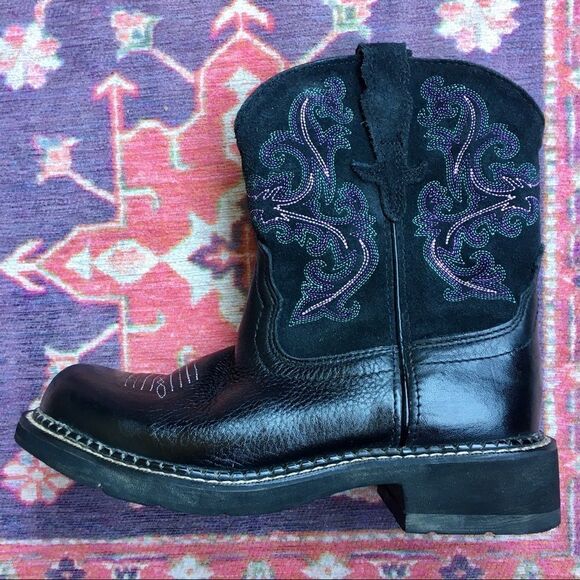 Ariat Black Leather Boots with Purple Stitching - Picture 2 of 16